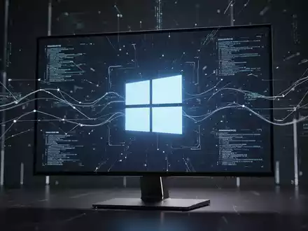 A stylized Windows 11 logo on a dark monitor, surrounded by glowing data streams and abstract network lines. - Foto: über boerse-global.de