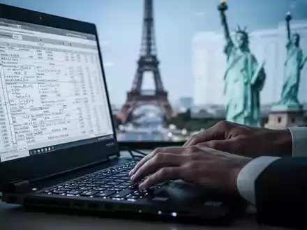 Close-up of hands typing on a laptop keyboard with a complex spreadsheet, a blurred global landmark in the background. - Foto: über boerse-global.de