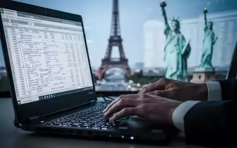 Close-up of hands typing on a laptop keyboard with a complex spreadsheet, a blurred global landmark in the background. - Foto: über boerse-global.de