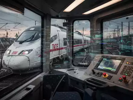 Ein ICE-Zug steht auf den Gleisen, ein digitales Störungs-Overlay auf einem Bedienfeld im Zug symbolisiert eine technische Störung. - Foto: über boerse-global.de