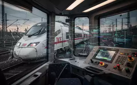 Ein ICE-Zug steht auf den Gleisen, ein digitales Störungs-Overlay auf einem Bedienfeld im Zug symbolisiert eine technische Störung. - Foto: über boerse-global.de