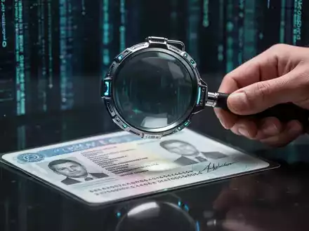 Nahaufnahme einer Hand, die eine Lupe über ein gefälschtes Ausweisdokument hält, mit digitalen Elementen im Hintergrund. - Foto: über boerse-global.de