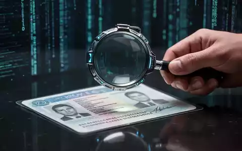 Nahaufnahme einer Hand, die eine Lupe über ein gefälschtes Ausweisdokument hält, mit digitalen Elementen im Hintergrund. - Foto: über boerse-global.de
