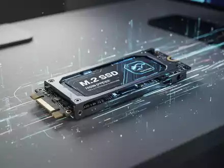 A high-speed M.2 SSD enclosure on a desk, with data streams representing fast transfer speeds and advanced technology. - Foto: über boerse-global.de