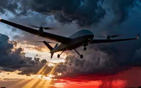 Eine moderne Militärdrohne fliegt im Sonnenuntergangshimmel, symbolisiert die Rüstungsindustrie und Marktvolatilität. - Foto: über boerse-global.de