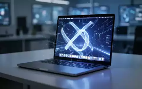 A modern MacBook Pro laptop with a glowing screen displaying a futuristic macOS interface, overlaid with an 'incompatible' symbol. - Foto: über boerse-global.de