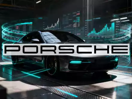 Ein eleganter Porsche-Sportwagen auf einem Fabrikboden, umgeben von digitalen Projektionen, die Finanzen und Handel symbolisieren. - Foto: über boerse-global.de