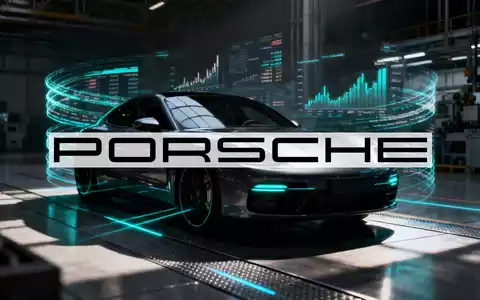 Ein eleganter Porsche-Sportwagen auf einem Fabrikboden, umgeben von digitalen Projektionen, die Finanzen und Handel symbolisieren. - Foto: über boerse-global.de