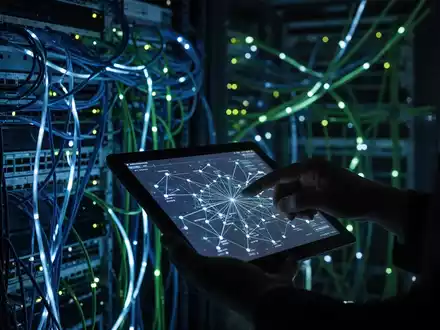 A dimly lit server room with glowing cables and a hand interacting with a tablet displaying a network diagram. - Foto: über boerse-global.de