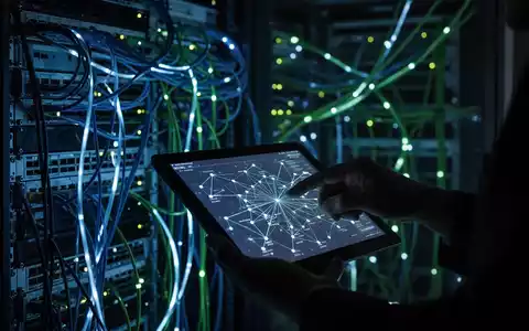 A dimly lit server room with glowing cables and a hand interacting with a tablet displaying a network diagram. - Foto: über boerse-global.de
