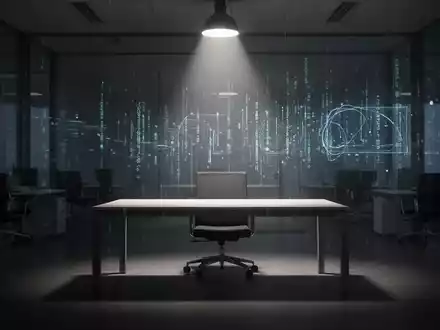 Ein dunkles Büro mit einem leeren Schreibtisch, beleuchtet von einem einzelnen Scheinwerfer, und einem schwachen digitalen Leuchten im Hintergrund. - Foto: über boerse-global.de