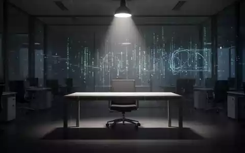 Ein dunkles Büro mit einem leeren Schreibtisch, beleuchtet von einem einzelnen Scheinwerfer, und einem schwachen digitalen Leuchten im Hintergrund. - Foto: über boerse-global.de