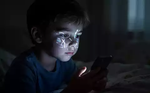 Silhouette eines Kindes, das auf ein leuchtendes Smartphone schaut, mit Reflexionen auf dem Gesicht, in einem dunklen Raum. - Foto: über boerse-global.de