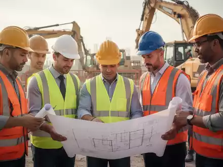 Bauarbeiter mit Schutzhelmen und Westen auf einer Baustelle, einige besprechen Pläne, andere arbeiten im Hintergrund. - Foto: über boerse-global.de