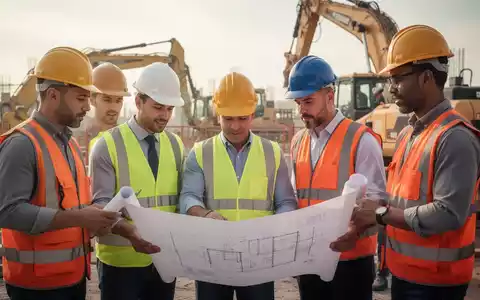Bauarbeiter mit Schutzhelmen und Westen auf einer Baustelle, einige besprechen Pläne, andere arbeiten im Hintergrund. - Foto: über boerse-global.de