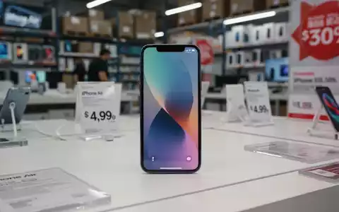 A sleek, modern smartphone, likely an iPhone Air, displayed on a retail counter with blurred price tags and promotional signs in the background. - Foto: über boerse-global.de