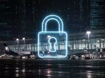 Ein stilisiertes, leuchtendes Vorhängeschloss-Symbol über einem verschwommenen Hintergrund mit digitalen Datenströmen und einem Flughafen-Terminal. - Foto: über boerse-global.de