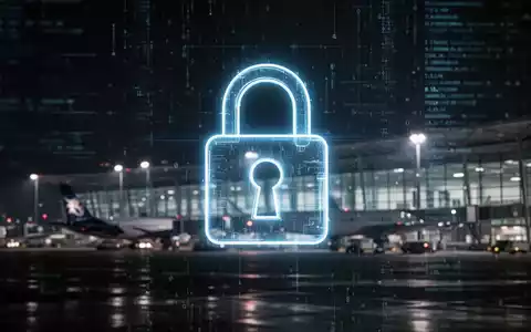 Ein stilisiertes, leuchtendes Vorhängeschloss-Symbol über einem verschwommenen Hintergrund mit digitalen Datenströmen und einem Flughafen-Terminal. - Foto: über boerse-global.de
