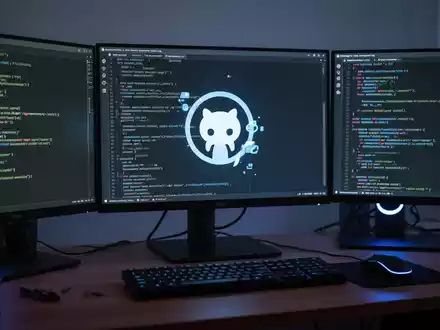 A developer's desk with multiple monitors displaying code, a keyboard, and a mouse. One screen shows a stylized GitHub Copilot icon. - Foto: über boerse-global.de