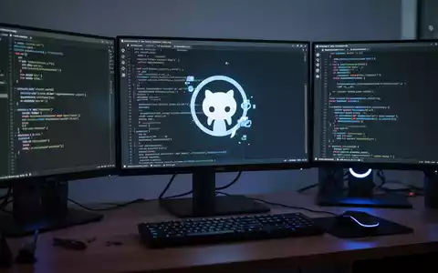 A developer's desk with multiple monitors displaying code, a keyboard, and a mouse. One screen shows a stylized GitHub Copilot icon. - Foto: über boerse-global.de