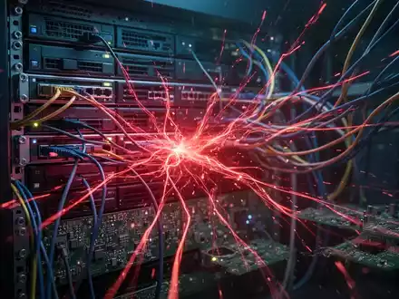 A digital representation of a network security breach, with glowing red lines symbolizing data leakage from a server rack. - Foto: über boerse-global.de