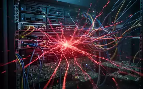 A digital representation of a network security breach, with glowing red lines symbolizing data leakage from a server rack. - Foto: über boerse-global.de