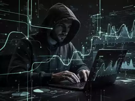 A person in a hoodie typing on a laptop, with abstract digital lines and data patterns symbolizing cybercrime. - Foto: über boerse-global.de
