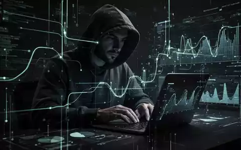 A person in a hoodie typing on a laptop, with abstract digital lines and data patterns symbolizing cybercrime. - Foto: über boerse-global.de