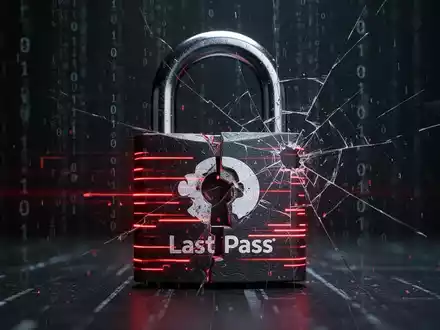 A dark, digital padlock with glowing red lines and binary code, partially open, symbolizing a data breach. A fractured LastPass logo is faintly visible. - Foto: über boerse-global.de