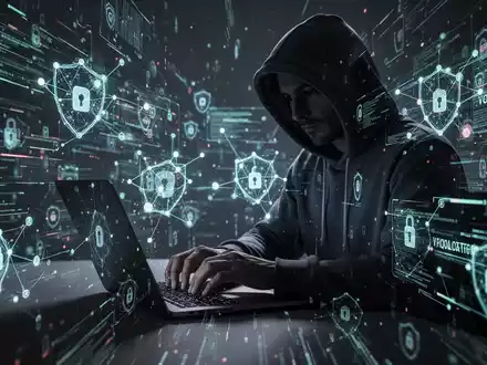 A person in a hoodie typing on a laptop, surrounded by glowing digital data streams, symbolizing a data breach or cyberattack. - Foto: über boerse-global.de