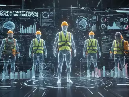 Ein futuristisches, leuchtendes KI-Interface zeigt komplexe Daten zu Arbeitssicherheit und Gesundheitsschutz mit abstrakten digitalen Figuren. - Foto: über boerse-global.de