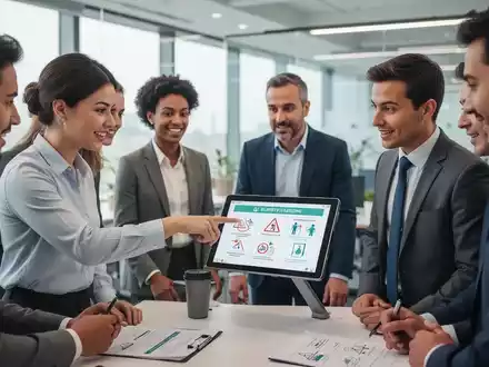 Büromitarbeiter in einem modernen Büro nehmen an einer interaktiven Sicherheitsschulung teil, bei der ein digitaler Tablet verwendet wird. - Foto: über boerse-global.de