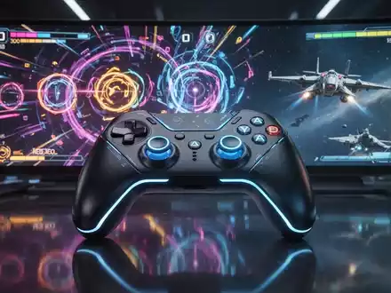 A close-up of a modern video game controller with illuminated buttons, reflecting colorful game graphics on its surface. - Foto: über boerse-global.de