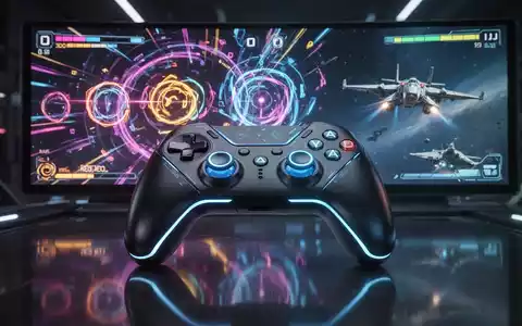 A close-up of a modern video game controller with illuminated buttons, reflecting colorful game graphics on its surface. - Foto: über boerse-global.de