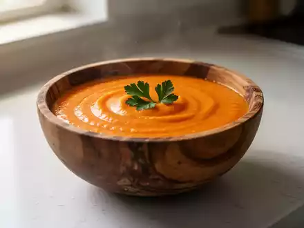 Eine Nahaufnahme einer Schüssel mit leuchtend orangefarbener, pürierter Karottensuppe, garniert mit einem Petersilienzweig. - Foto: über boerse-global.de