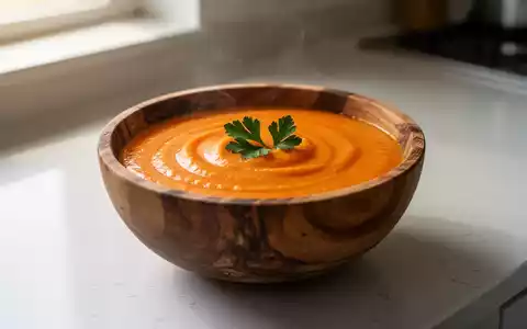 Eine Nahaufnahme einer Schüssel mit leuchtend orangefarbener, pürierter Karottensuppe, garniert mit einem Petersilienzweig. - Foto: über boerse-global.de