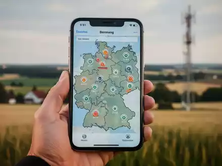 Eine Hand hält ein Smartphone, das eine Netzabdeckungskarte von Deutschland mit unterschiedlichen Signalstärken anzeigt. Im Hintergrund eine ländliche deutsche Landschaft und ein Mobilfunkmast. - Foto: über boerse-global.de