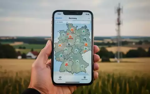 Eine Hand hält ein Smartphone, das eine Netzabdeckungskarte von Deutschland mit unterschiedlichen Signalstärken anzeigt. Im Hintergrund eine ländliche deutsche Landschaft und ein Mobilfunkmast. - Foto: über boerse-global.de