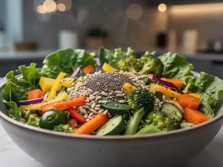 Eine Nahaufnahme einer gesunden Salatschüssel mit verschiedenen Gemüsesorten, Chiasamen und Vollkornprodukten, die Frische betont. - Foto: über boerse-global.de