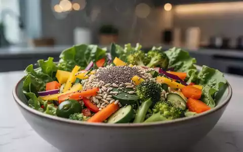 Eine Nahaufnahme einer gesunden Salatschüssel mit verschiedenen Gemüsesorten, Chiasamen und Vollkornprodukten, die Frische betont. - Foto: über boerse-global.de