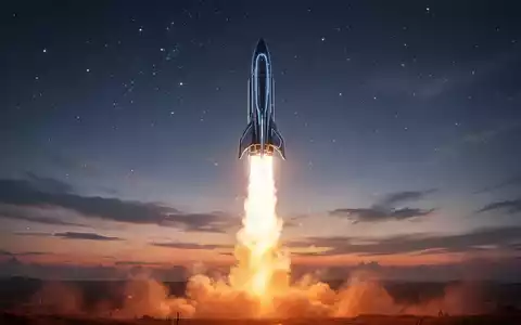 Eine futuristische Rakete startet bei Sonnenuntergang und hinterlässt eine feurige Spur am Himmel mit sichtbaren Sternen. - Foto: über boerse-global.de