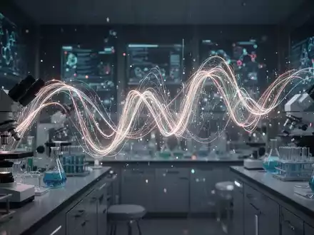 Abstrakte Biotechnologie-Szene mit leuchtenden Lichtspuren vor dunklem, futuristischem Laborhintergrund, die Innovation und Entdeckung darstellt. - Foto: über boerse-global.de