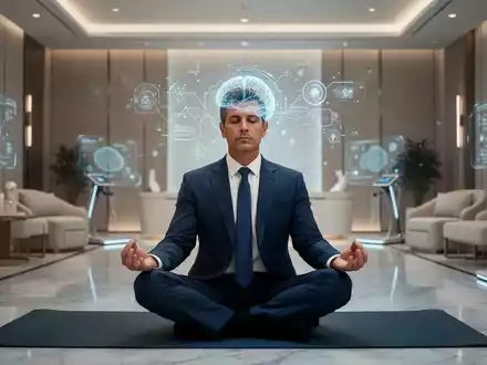 Ein Manager meditiert in einem luxuriösen Sanatorium, umgeben von minimalistischer Architektur und subtiler Technologie, die kognitive Fitness symbolisiert. - Foto: über boerse-global.de