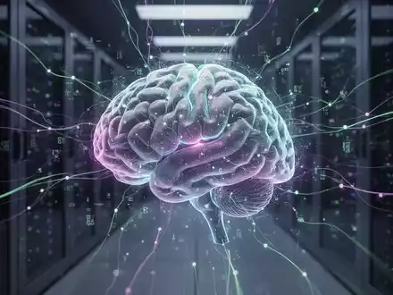 Ein stilisiertes, futuristisches digitales Gehirn oder Netzwerkknoten, umgeben von abstrakten Datenströmen und verbundenen Linien, symbolisiert KI-Zusammenarbeit. - Foto: über boerse-global.de
