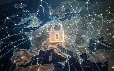 Interconnected global networks with data flowing, a lock icon over a map of Germany and Europe, symbolizing cybersecurity efforts. - Foto: über boerse-global.de