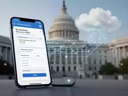 Ein Smartphone zeigt eine digitale Steuererklärung-App, umgeben von stilisierten Datenströmen und einem unscharfen Hintergrund von Regierungsgebäuden. - Foto: über boerse-global.de