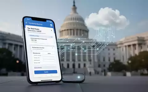 Ein Smartphone zeigt eine digitale Steuererklärung-App, umgeben von stilisierten Datenströmen und einem unscharfen Hintergrund von Regierungsgebäuden. - Foto: über boerse-global.de