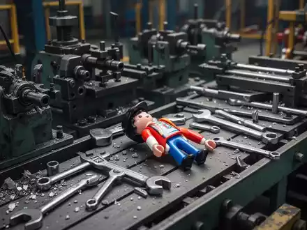 Eine Playmobil-Figur liegt inmitten von teilweise demontierten Industriemaschinen und Werkzeugen, die das Ende einer Produktion symbolisieren. - Foto: über boerse-global.de