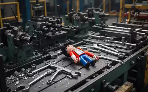 Eine Playmobil-Figur liegt inmitten von teilweise demontierten Industriemaschinen und Werkzeugen, die das Ende einer Produktion symbolisieren. - Foto: über boerse-global.de