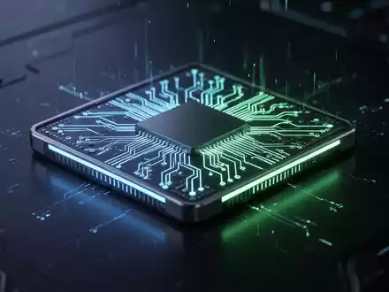A close-up of a futuristic microchip with glowing blue and green circuits, symbolizing advanced AI and LLM inference technology. - Foto: über boerse-global.de